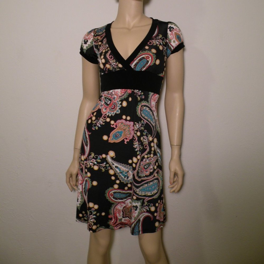 Sleek Black and Paisley Mini Dress Sz M